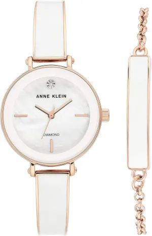 Anne Klein Women's Genuine Diamond Dial Bangle Watch with Bracelet Set, AK/3620