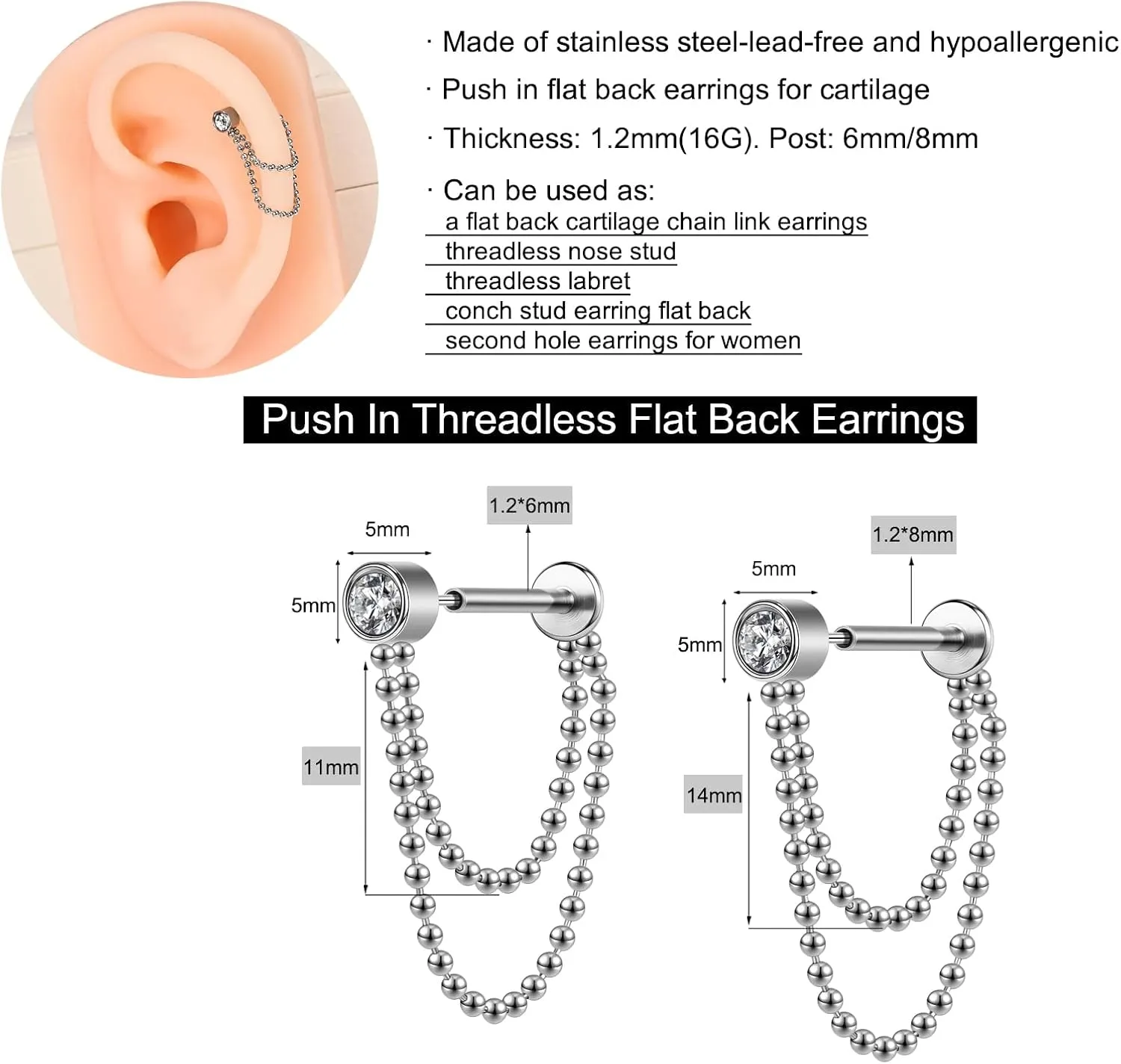 AoedeJ 2 Pairs Stud Earrings for Cartilage - Threadless Flat Back Earrings for Women