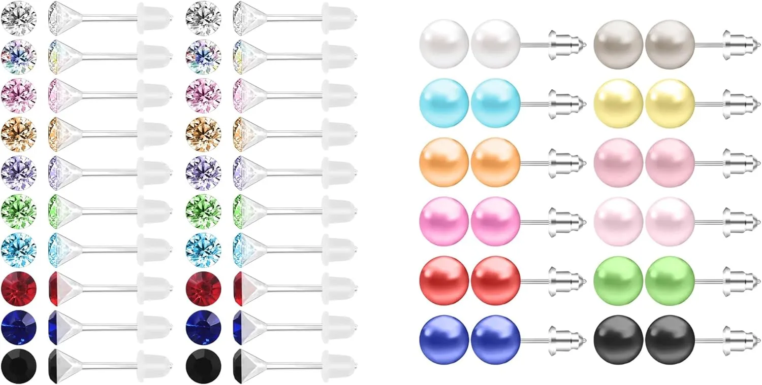 AoedeJ 40 Pcs Cubic Zirconia Earrings Studs/ 12 Pairs 6mm Colorful Pearl Stud Earrings Set