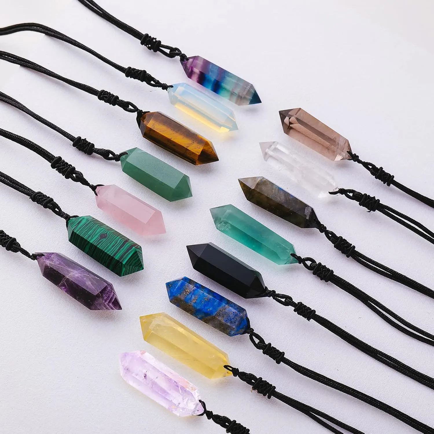 Apengshi Natural Healing Crystal Double Pointed Pendants Natural Crystal Quartz Necklace 6 Faceted Chakra Crystal Wand Energy Stone Necklace Pendant Meditation Balance Reiki Gifts