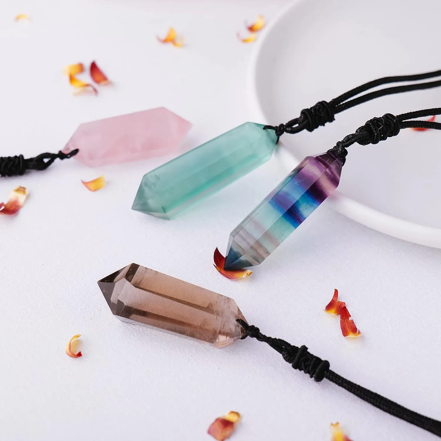 Apengshi Natural Healing Crystal Double Pointed Pendants Natural Crystal Quartz Necklace 6 Faceted Chakra Crystal Wand Energy Stone Necklace Pendant Meditation Balance Reiki Gifts