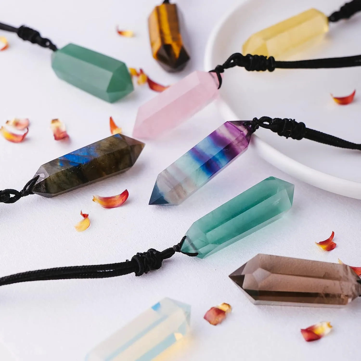 Apengshi Natural Healing Crystal Double Pointed Pendants Natural Crystal Quartz Necklace 6 Faceted Chakra Crystal Wand Energy Stone Necklace Pendant Meditation Balance Reiki Gifts