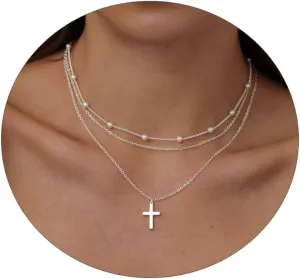 ASCOMY Layered Necklaces for Women Dainty Gold Necklace 14K Gold Plated Herringbone Necklace for Women Pearl Cross Necklace Paperclip Cuban Figaro Rope Satellite Chain Gold Choker Trendy Jewelry Gift