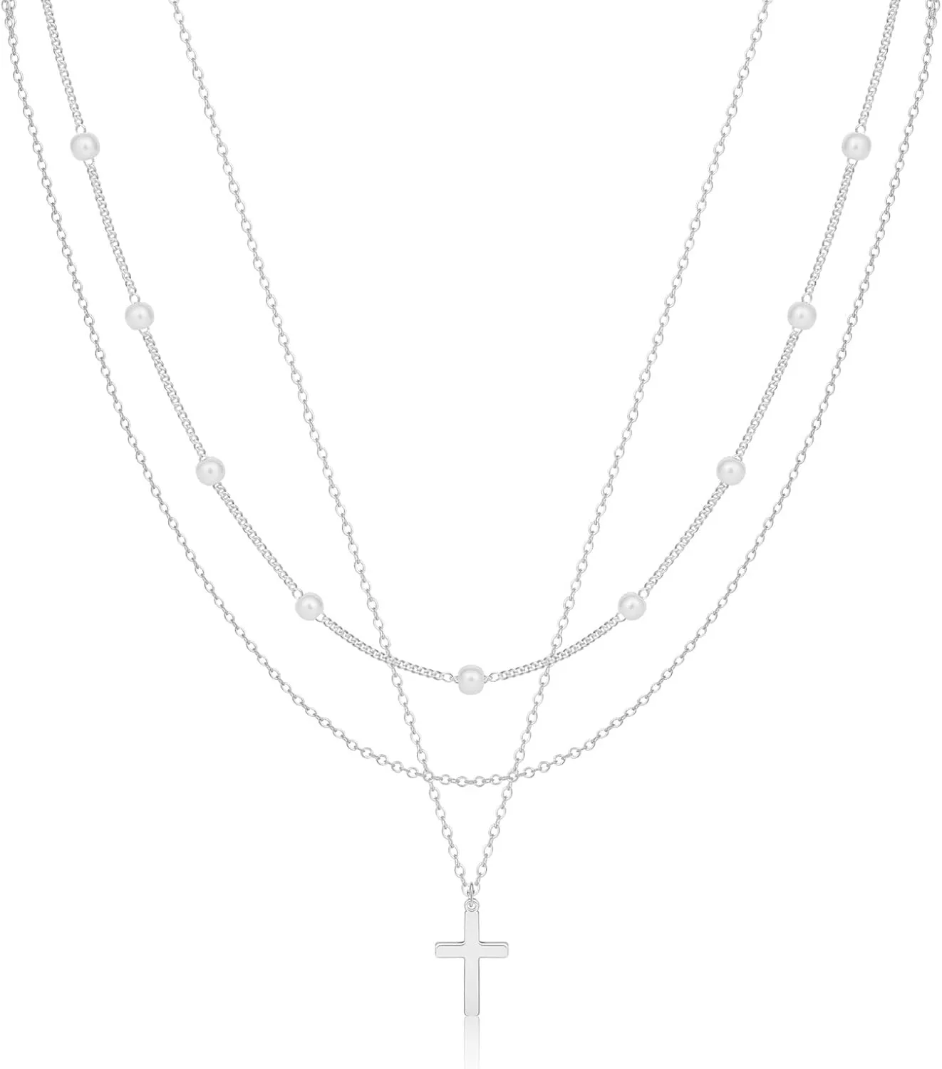 ASCOMY Layered Necklaces for Women Dainty Gold Necklace 14K Gold Plated Herringbone Necklace for Women Pearl Cross Necklace Paperclip Cuban Figaro Rope Satellite Chain Gold Choker Trendy Jewelry Gift