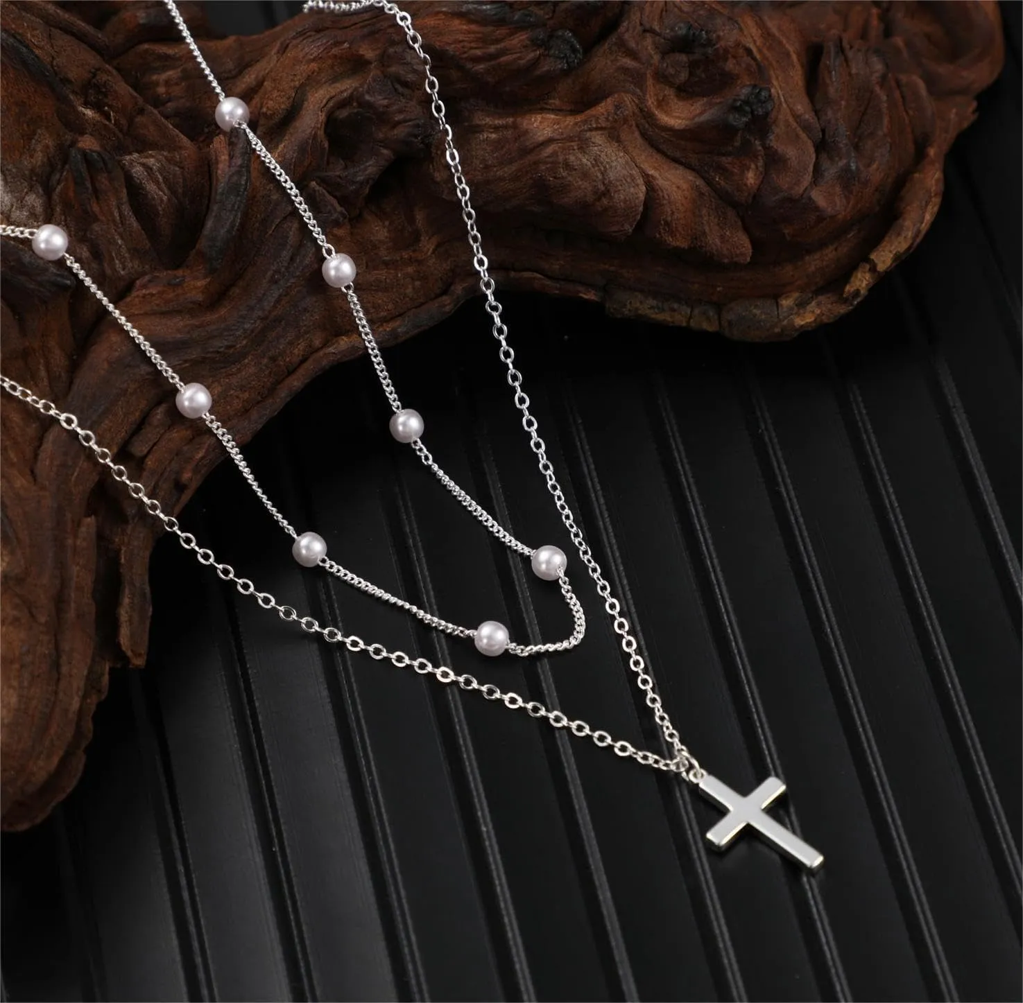 ASCOMY Layered Necklaces for Women Dainty Gold Necklace 14K Gold Plated Herringbone Necklace for Women Pearl Cross Necklace Paperclip Cuban Figaro Rope Satellite Chain Gold Choker Trendy Jewelry Gift