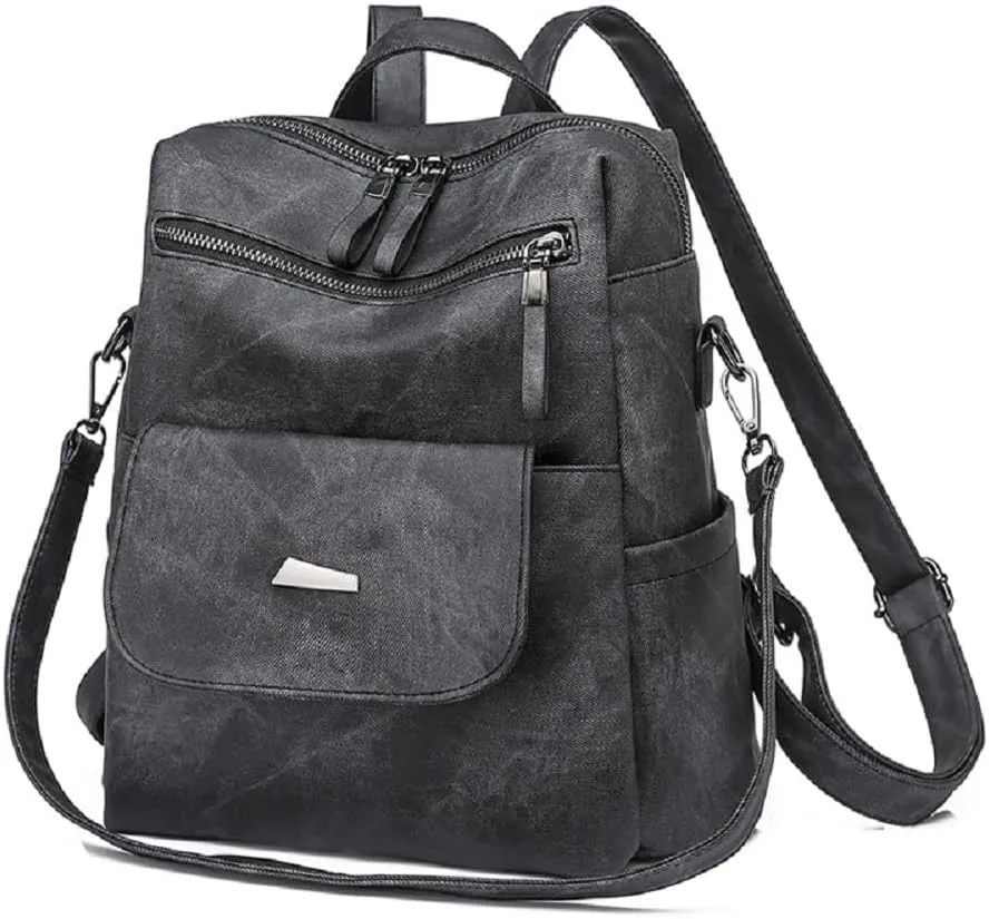 Backpack Purse for Women Pu Leather Travel Backpack Ladies Shoulder Bags Anti-theft Satchel Handbag (Black)