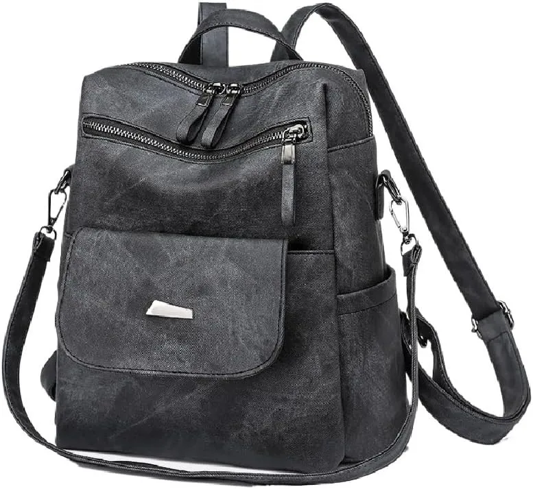 Backpack Purse for Women Pu Leather Travel Backpack Ladies Shoulder Bags Anti-theft Satchel Handbag (Black)