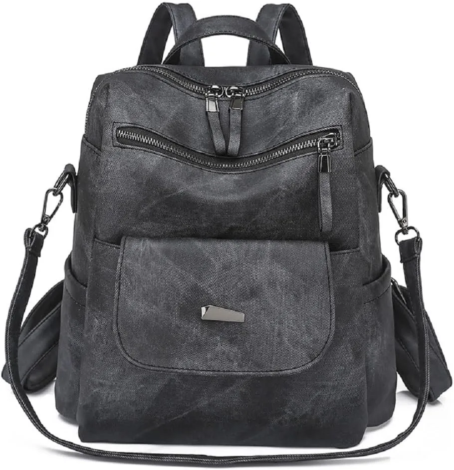 Backpack Purse for Women Pu Leather Travel Backpack Ladies Shoulder Bags Anti-theft Satchel Handbag (Black)