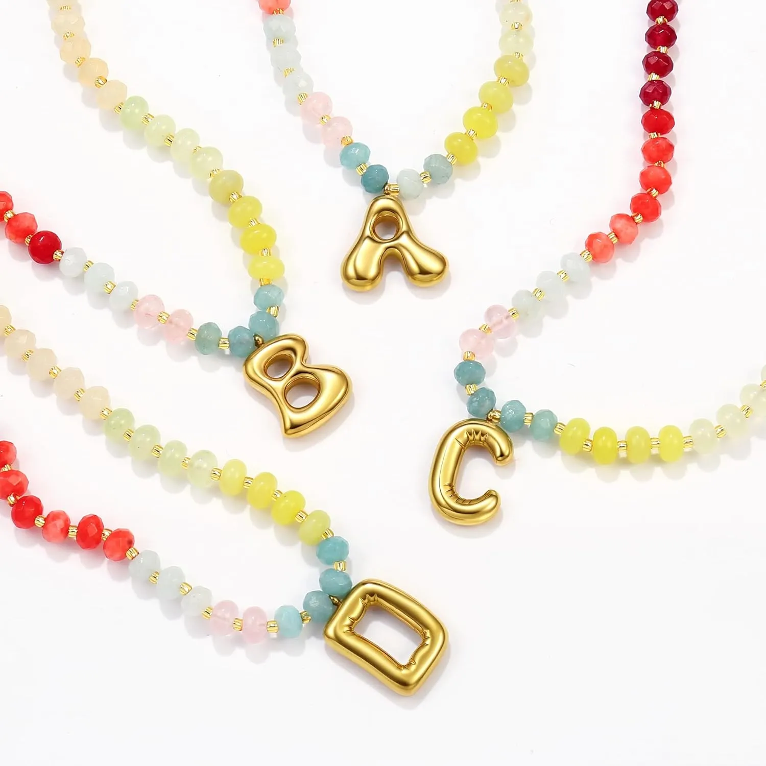 Badu Initial A-Z Colorful Beaded Gemstone Necklaces for Women 14K Gold Letter Pendant Necklace Natural Stone Summer Beach Handmade Jewelry Gift Trendy Necklaces