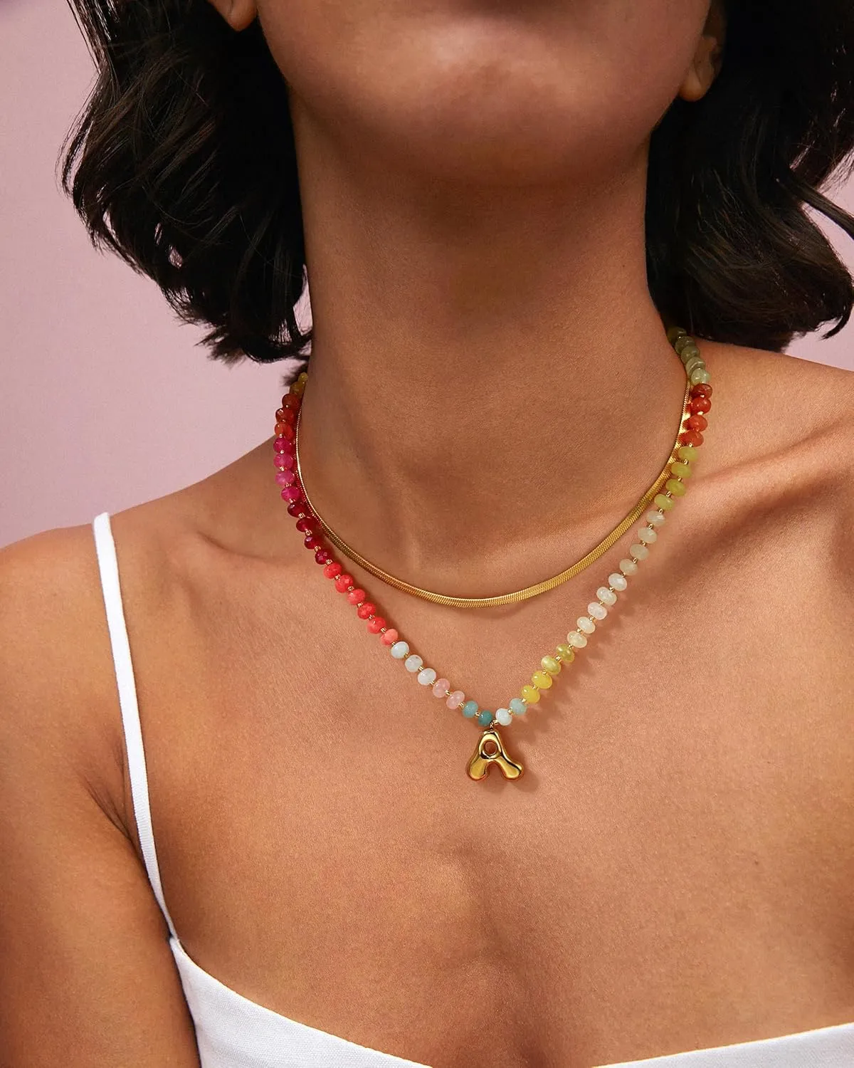 Badu Initial A-Z Colorful Beaded Gemstone Necklaces for Women 14K Gold Letter Pendant Necklace Natural Stone Summer Beach Handmade Jewelry Gift Trendy Necklaces