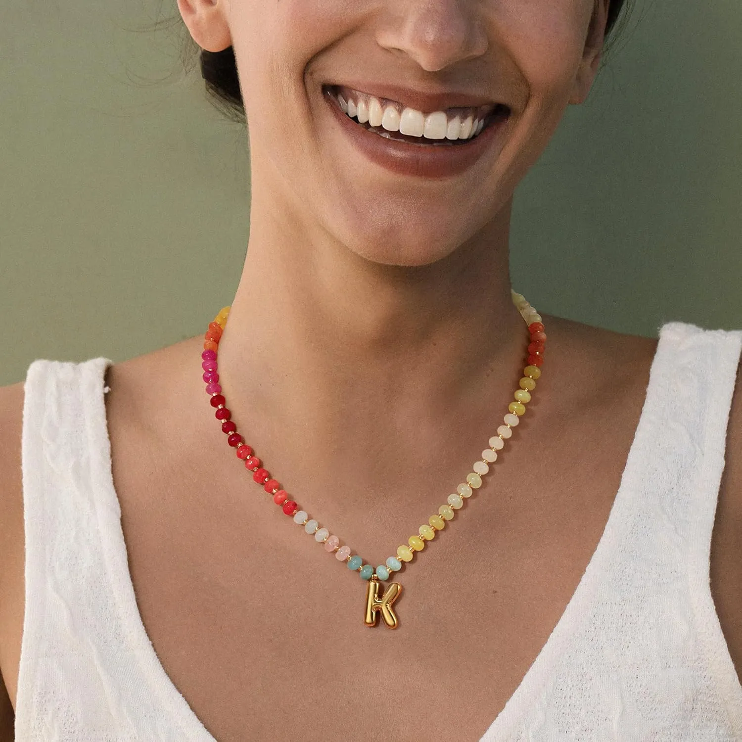 Badu Initial A-Z Colorful Beaded Gemstone Necklaces for Women 14K Gold Letter Pendant Necklace Natural Stone Summer Beach Handmade Jewelry Gift Trendy Necklaces