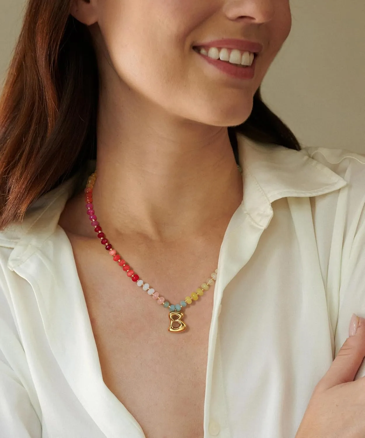 Badu Initial A-Z Colorful Beaded Gemstone Necklaces for Women 14K Gold Letter Pendant Necklace Natural Stone Summer Beach Handmade Jewelry Gift Trendy Necklaces