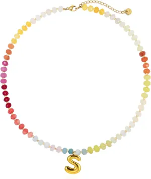 Badu Initial A-Z Colorful Beaded Gemstone Necklaces for Women 14K Gold Letter Pendant Necklace Natural Stone Summer Beach Handmade Jewelry Gift Trendy Necklaces