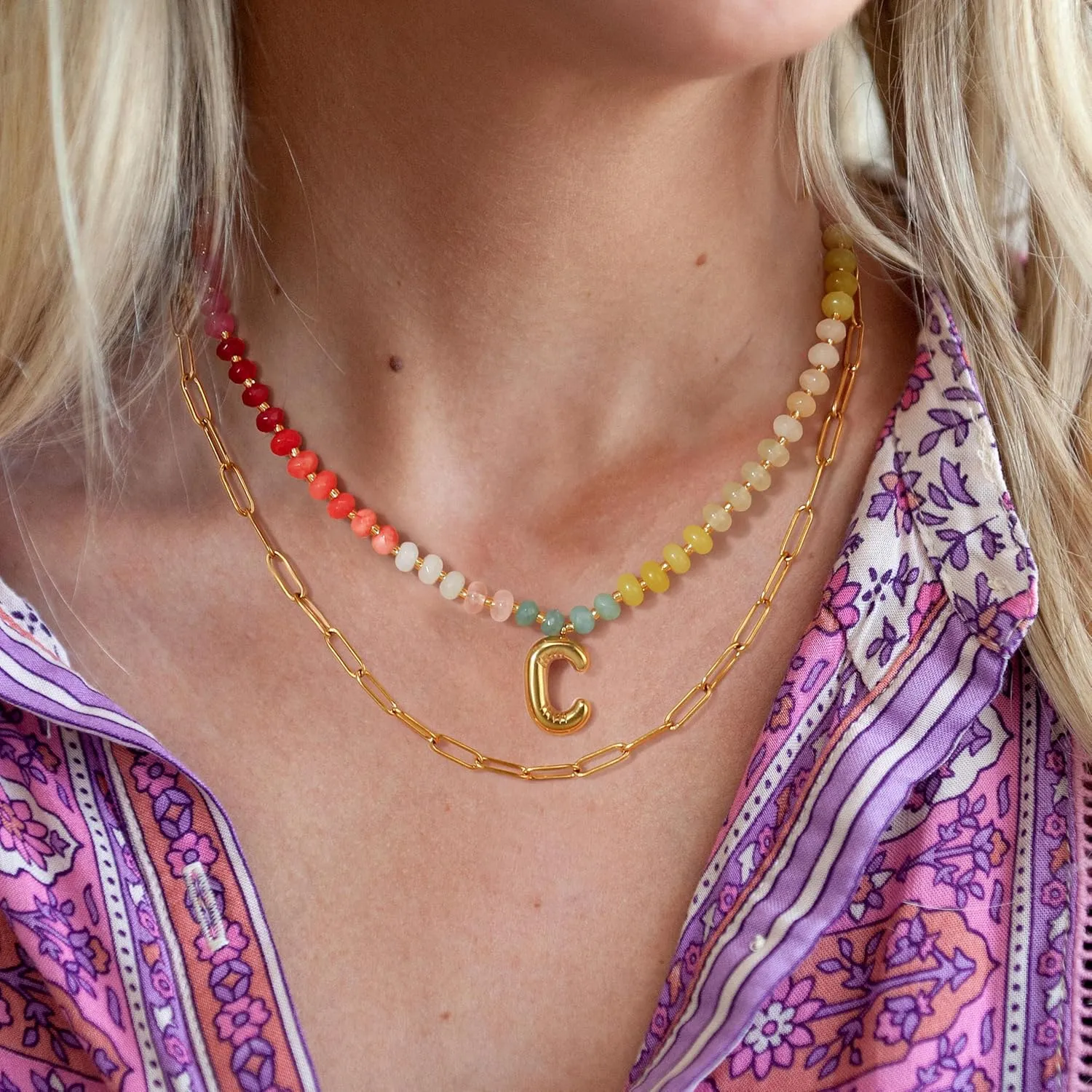 Badu Initial A-Z Colorful Beaded Gemstone Necklaces for Women 14K Gold Letter Pendant Necklace Natural Stone Summer Beach Handmade Jewelry Gift Trendy Necklaces