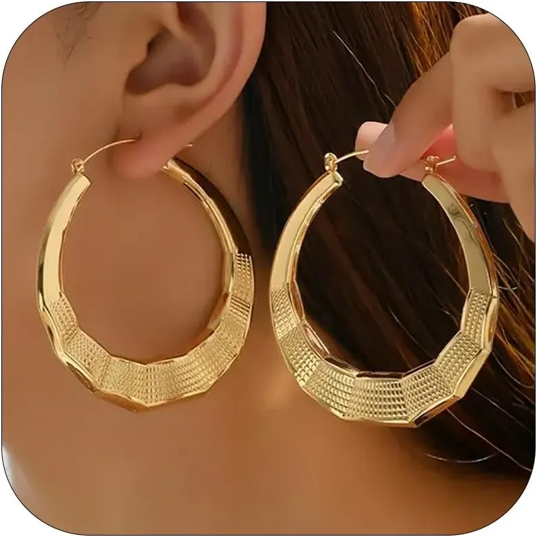 Bamboo Earrings Large Gold Bamboo Hoop Earrings Trendy Hip Hop Chunky Gold Hoop Earring 80s 90s Jewelry Gifts Party Custom Accessories