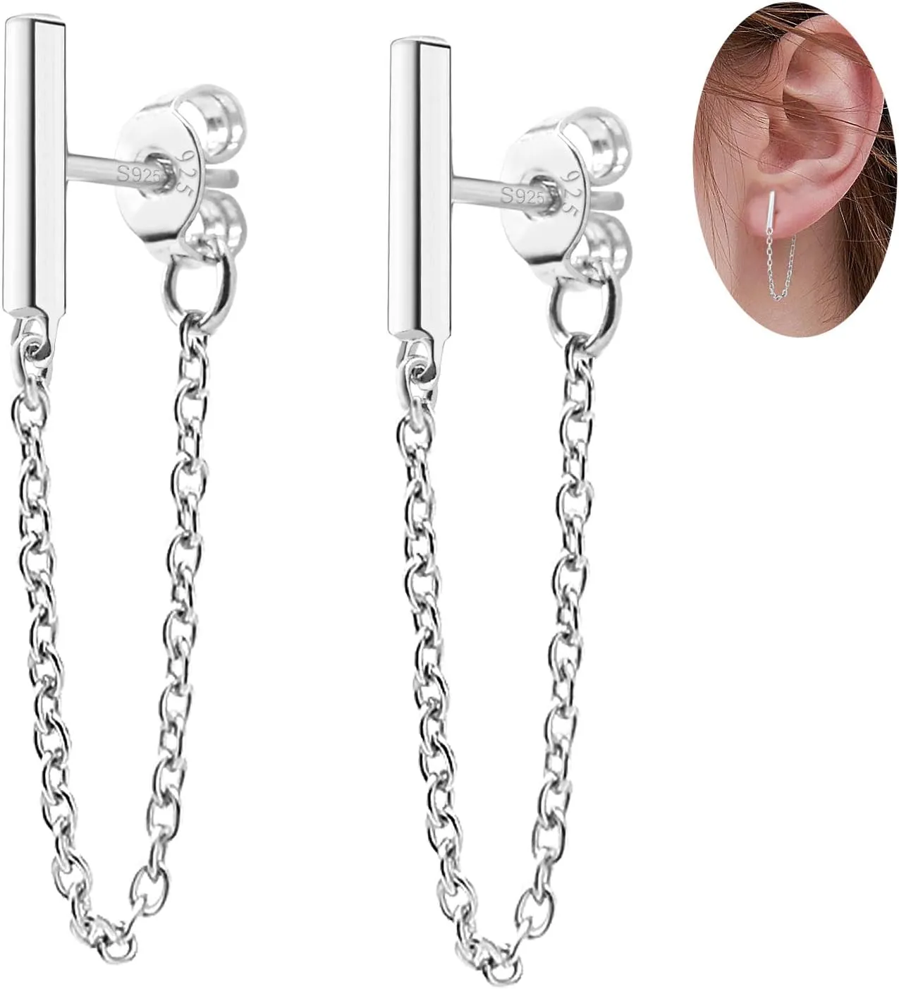 Bar Chain Earrings - Sterling Silver Hypoallergenic Bar Stud Earrings Dangle Earrings Minimalist Drop Earrings Threader Earrings Piercing Jewelry Gifts for Women