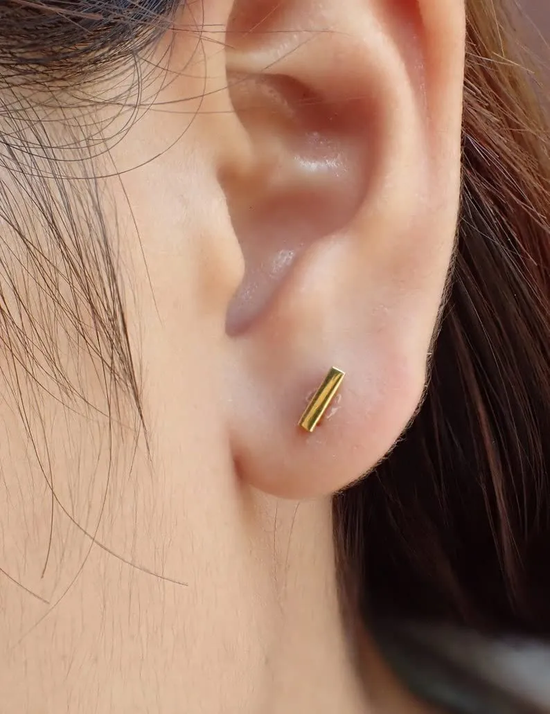Bar Stud Earrings, 18K Gold Bar Earrings for Women, Minimalist Bar Earrings, Daily Wear Earrings, Bridesmaid Gift (Yellow Gold Plating)