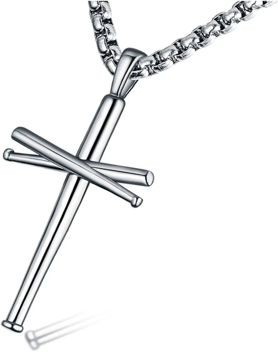 Baseball Cross Pendant Necklace.Baseball Bats Athletes Stainless Steel Crucifix Pendant Chain Necklaces 22" Rope Chain for Teen Boys Men Women Girls