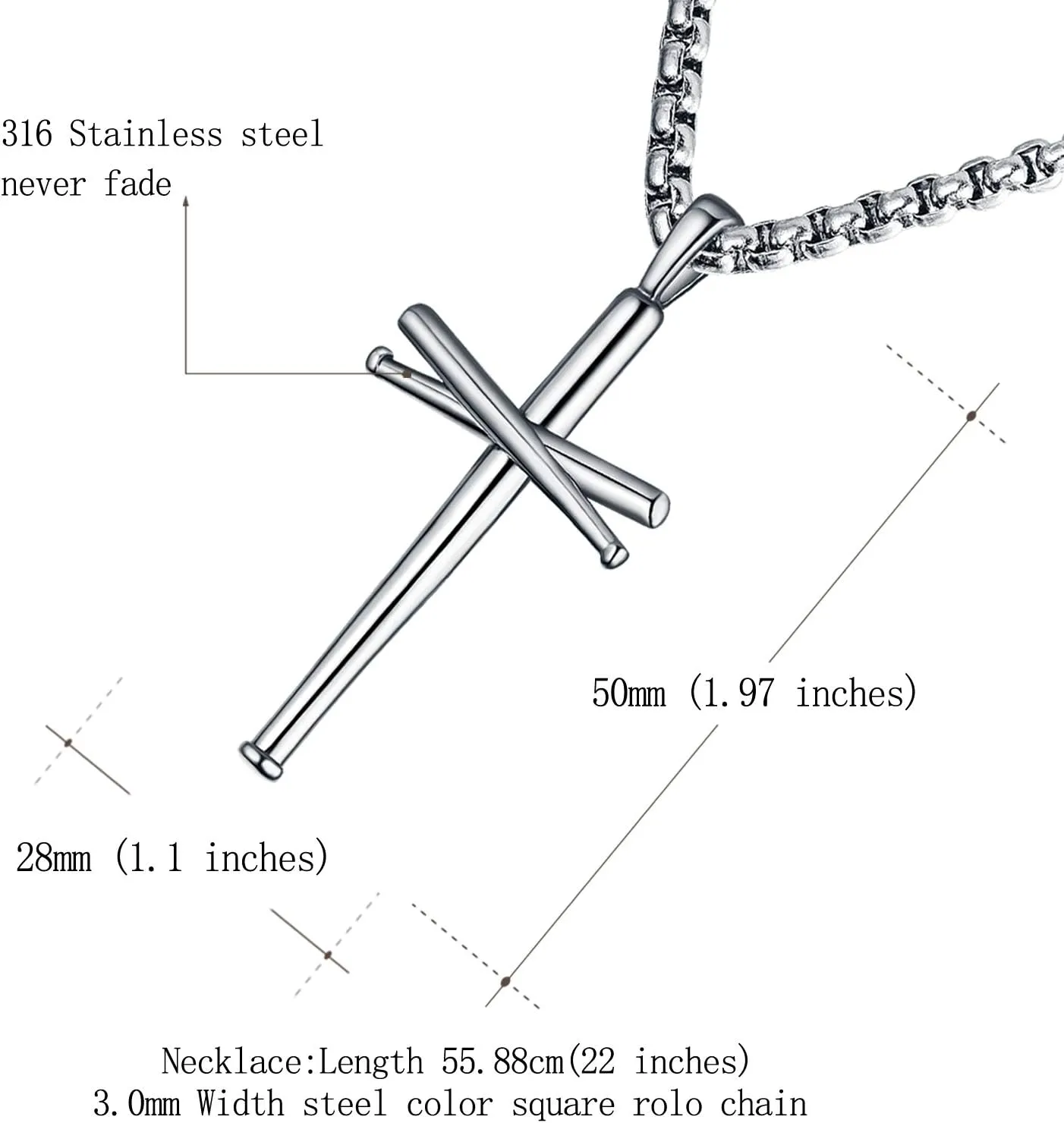 Baseball Cross Pendant Necklace.Baseball Bats Athletes Stainless Steel Crucifix Pendant Chain Necklaces 22" Rope Chain for Teen Boys Men Women Girls