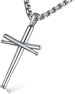 Baseball Cross Pendant Necklace.Baseball Bats Athletes Stainless Steel Crucifix Pendant Chain Necklaces 22" Rope Chain for Teen Boys Men Women Girls