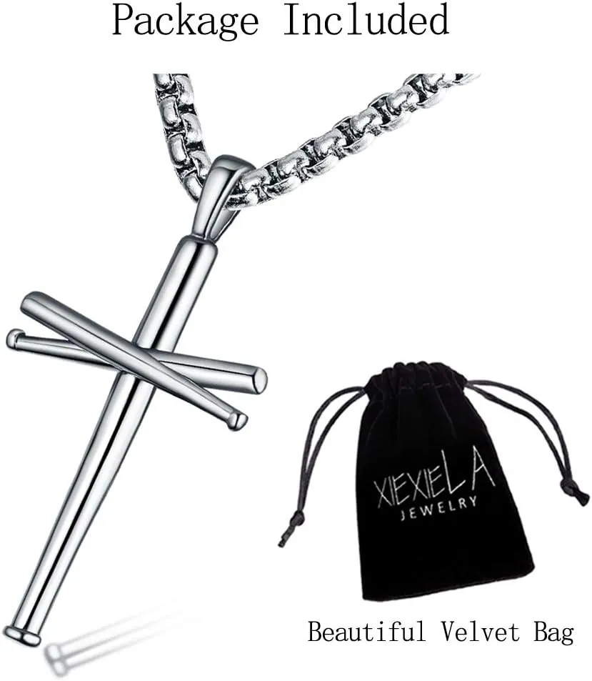 Baseball Cross Pendant Necklace.Baseball Bats Athletes Stainless Steel Crucifix Pendant Chain Necklaces 22" Rope Chain for Teen Boys Men Women Girls