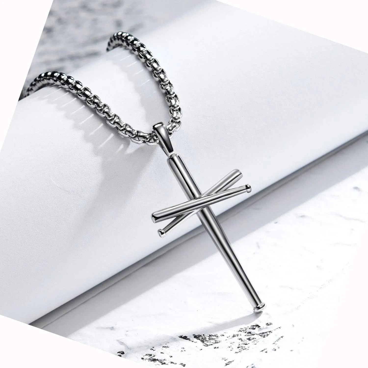 Baseball Cross Pendant Necklace.Baseball Bats Athletes Stainless Steel Crucifix Pendant Chain Necklaces 22" Rope Chain for Teen Boys Men Women Girls