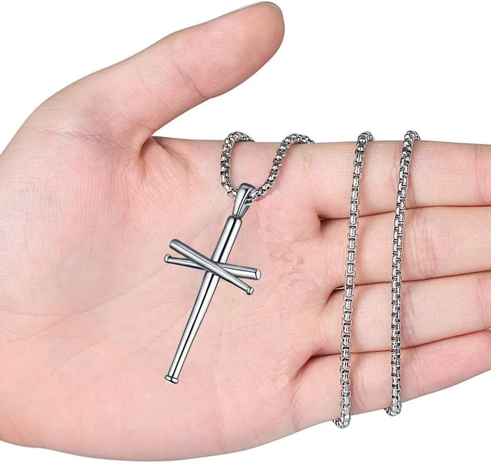 Baseball Cross Pendant Necklace.Baseball Bats Athletes Stainless Steel Crucifix Pendant Chain Necklaces 22" Rope Chain for Teen Boys Men Women Girls
