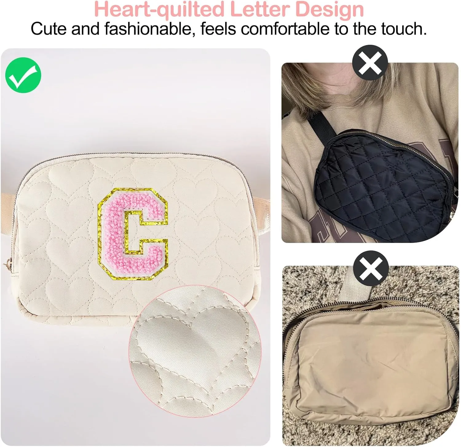 Basumee Fanny Pack for Girls Heart-quilted Letter Belt Bag Crossbody Bags with Smooth Zipper Waist Bag for Women Teen Girl Fanny Packs, Beige, C
