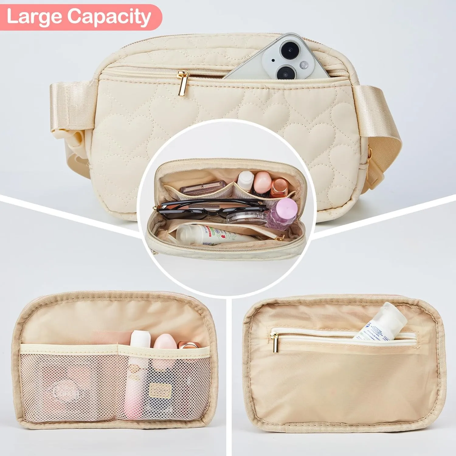 Basumee Fanny Pack for Girls Heart-quilted Letter Belt Bag Crossbody Bags with Smooth Zipper Waist Bag for Women Teen Girl Fanny Packs, Beige, C