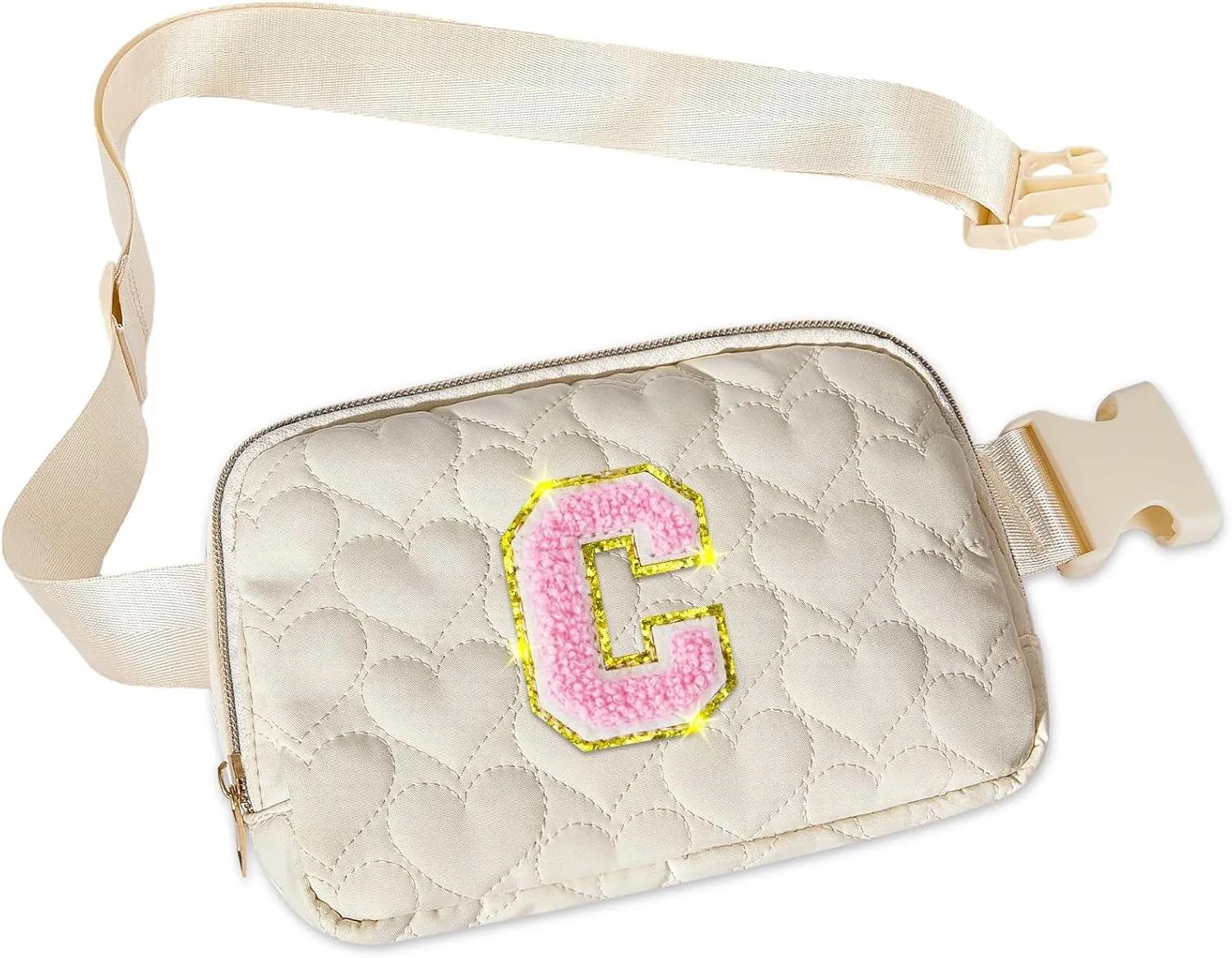Basumee Fanny Pack for Girls Heart-quilted Letter Belt Bag Crossbody Bags with Smooth Zipper Waist Bag for Women Teen Girl Fanny Packs, Beige, C
