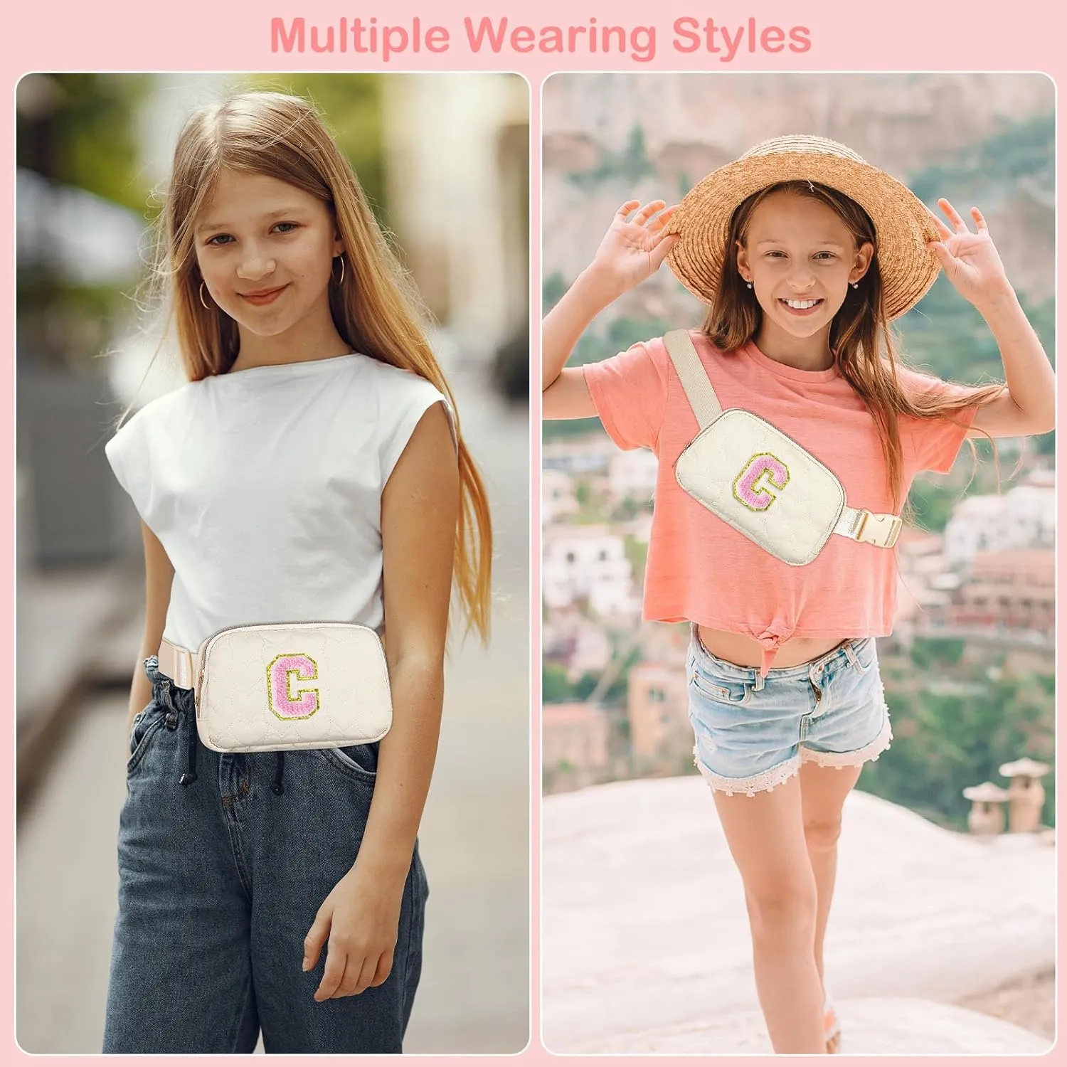 Basumee Fanny Pack for Girls Heart-quilted Letter Belt Bag Crossbody Bags with Smooth Zipper Waist Bag for Women Teen Girl Fanny Packs, Beige, C
