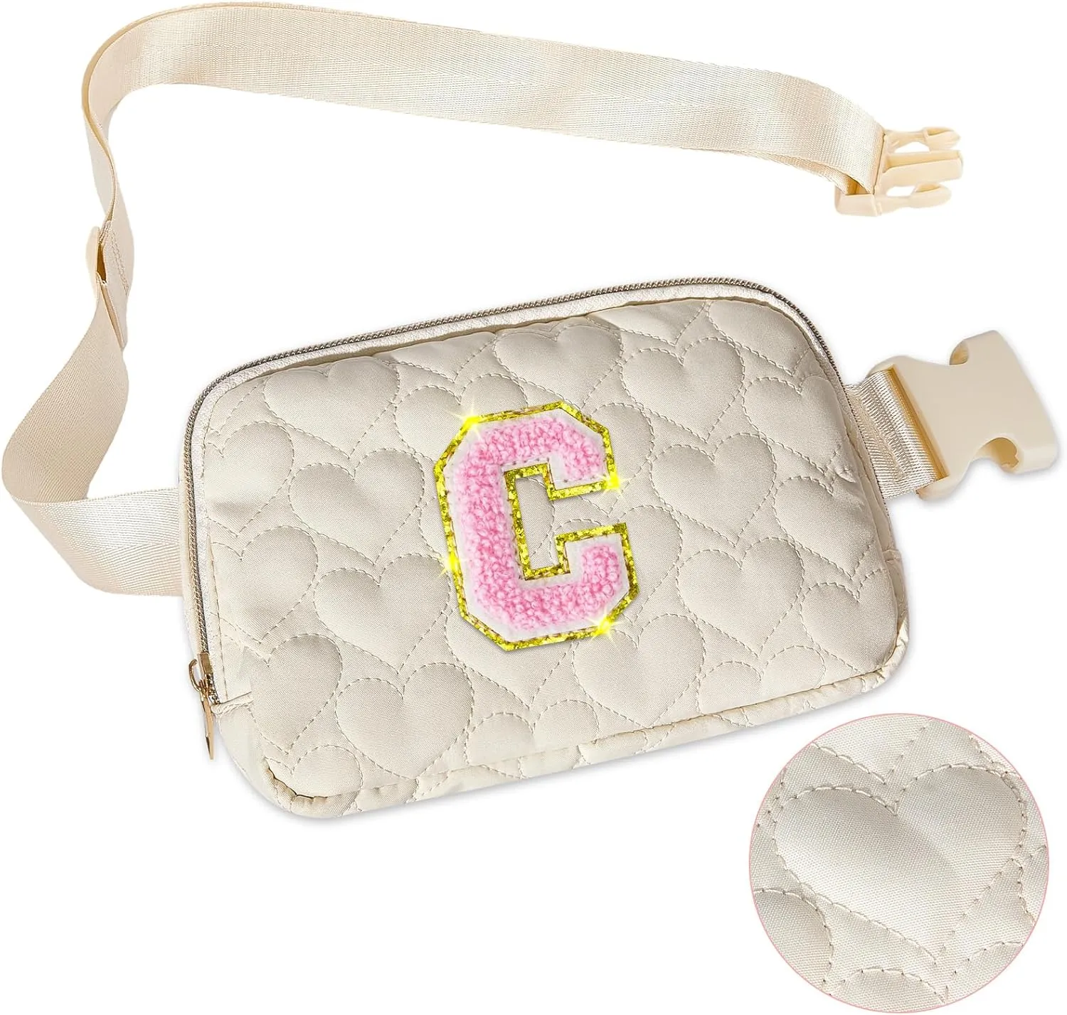 Basumee Fanny Pack for Girls Heart-quilted Letter Belt Bag Crossbody Bags with Smooth Zipper Waist Bag for Women Teen Girl Fanny Packs, Beige, C