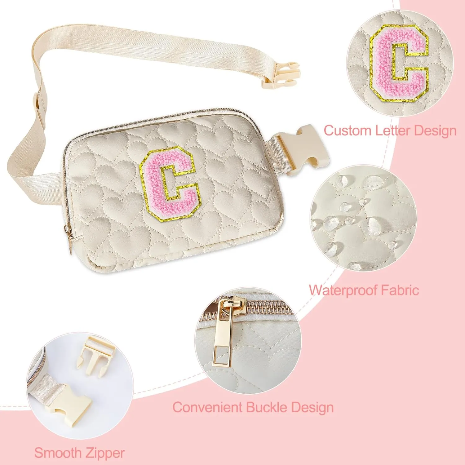 Basumee Fanny Pack for Girls Heart-quilted Letter Belt Bag Crossbody Bags with Smooth Zipper Waist Bag for Women Teen Girl Fanny Packs, Beige, C