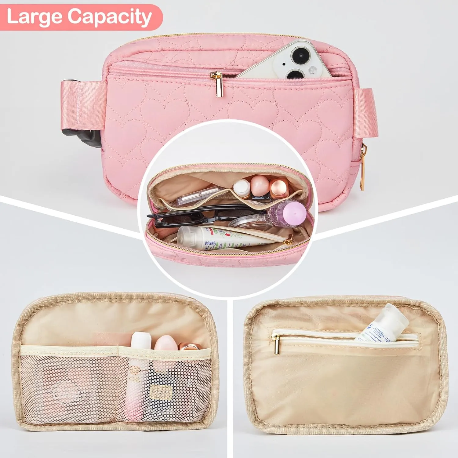 Basumee Fanny Pack for Girls Heart-quilted Letter Belt Bag Crossbody Bags with Smooth Zipper Waist Bag for Women Teen Girl Fanny Packs, Pink, S
