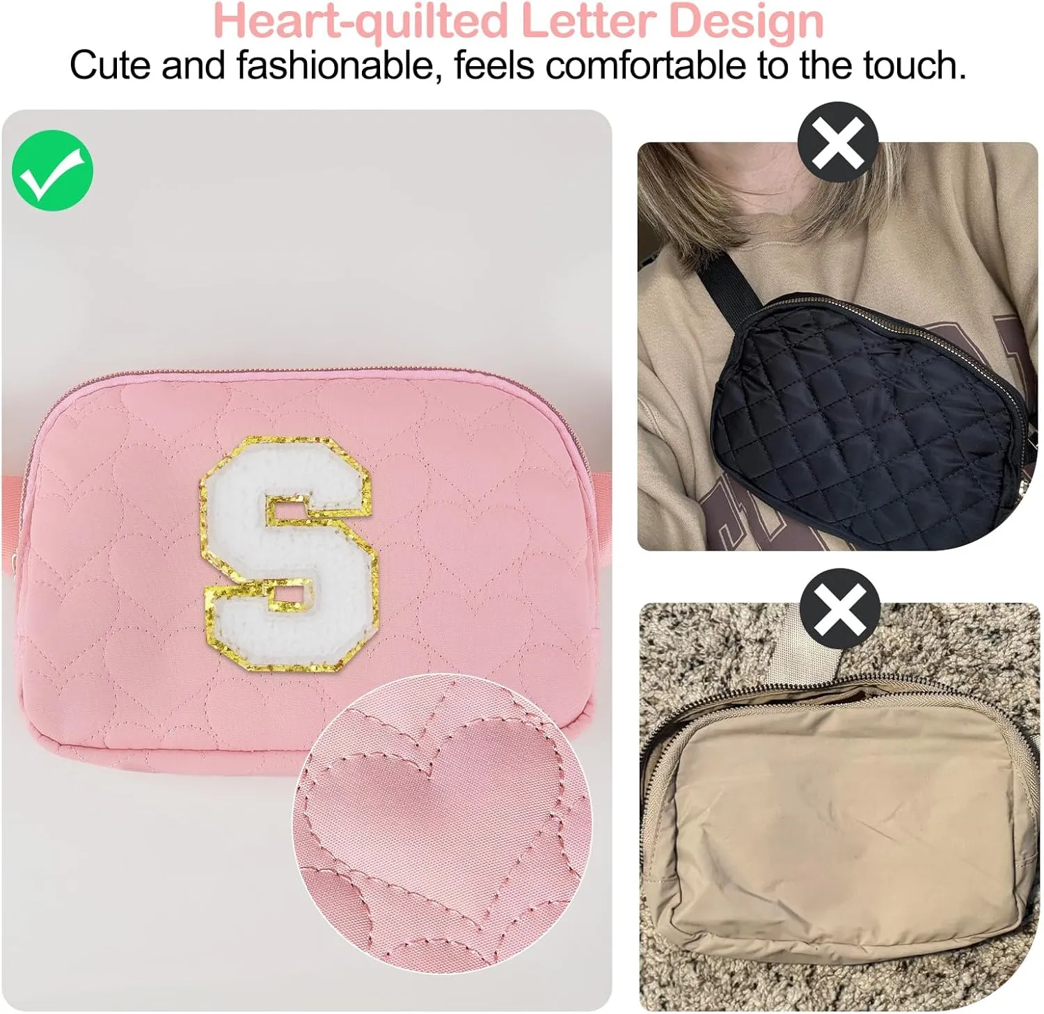 Basumee Fanny Pack for Girls Heart-quilted Letter Belt Bag Crossbody Bags with Smooth Zipper Waist Bag for Women Teen Girl Fanny Packs, Pink, S