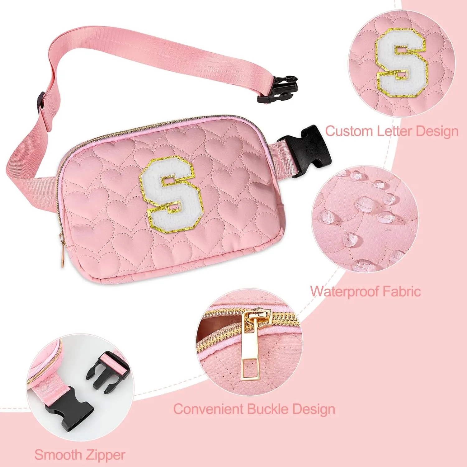 Basumee Fanny Pack for Girls Heart-quilted Letter Belt Bag Crossbody Bags with Smooth Zipper Waist Bag for Women Teen Girl Fanny Packs, Pink, S