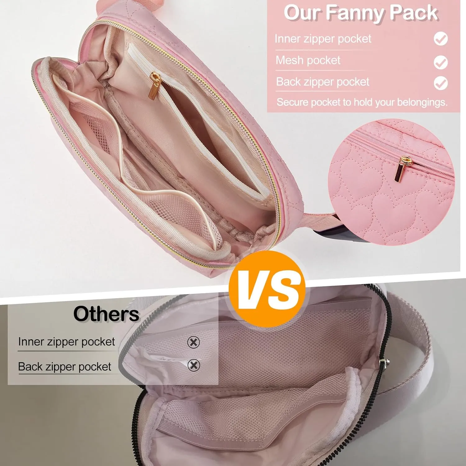 Basumee Fanny Pack for Girls Heart-quilted Letter Belt Bag Crossbody Bags with Smooth Zipper Waist Bag for Women Teen Girl Fanny Packs, Pink, S