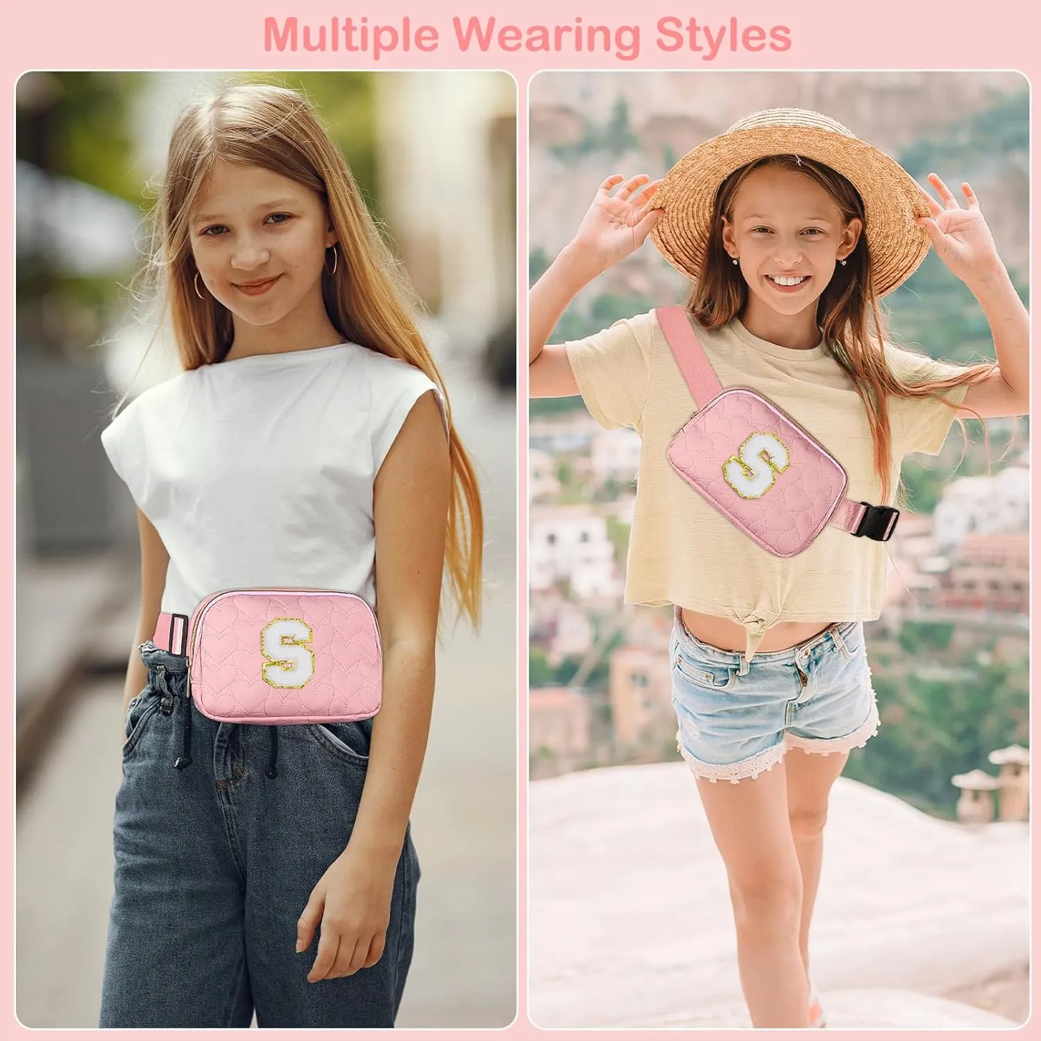 Basumee Fanny Pack for Girls Heart-quilted Letter Belt Bag Crossbody Bags with Smooth Zipper Waist Bag for Women Teen Girl Fanny Packs, Pink, S
