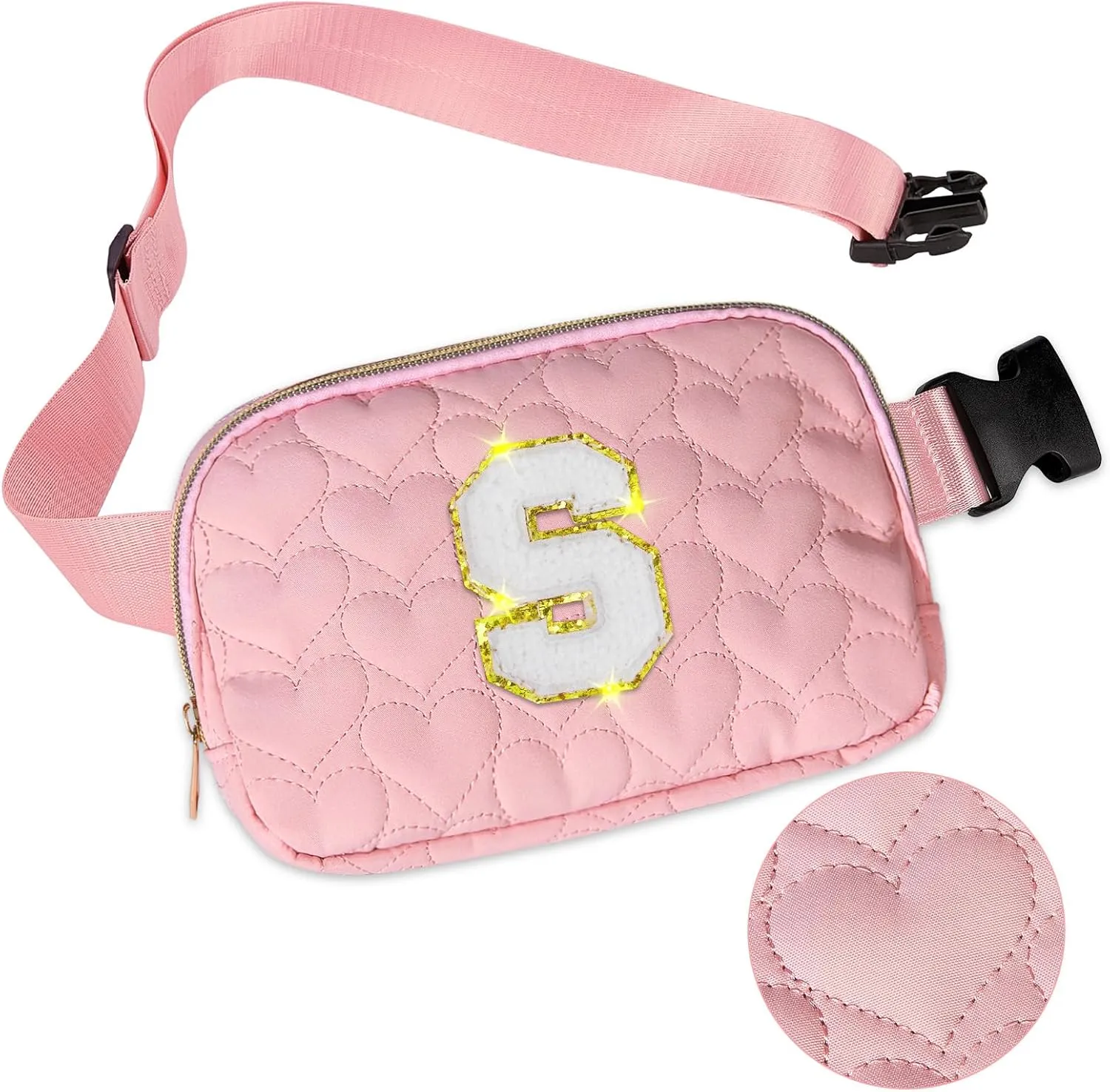 Basumee Fanny Pack for Girls Heart-quilted Letter Belt Bag Crossbody Bags with Smooth Zipper Waist Bag for Women Teen Girl Fanny Packs, Pink, S