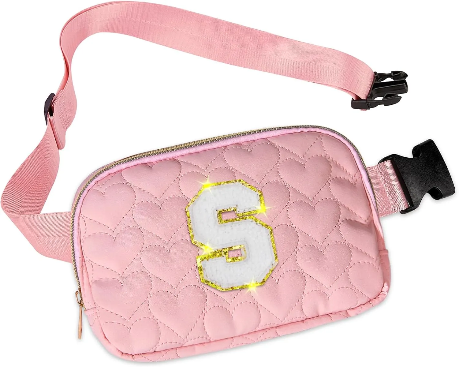 Basumee Fanny Pack for Girls Heart-quilted Letter Belt Bag Crossbody Bags with Smooth Zipper Waist Bag for Women Teen Girl Fanny Packs, Pink, S