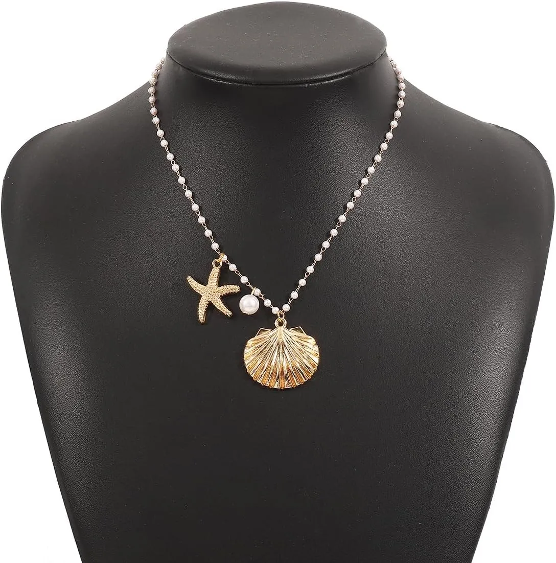 Beach Jewelry for Women Seashell Necklace Gold Starfish Necklace Beach Necklaces for Women Surfer Puka Shell Necklaces for Women Summer Beachy Seashell Jewelry