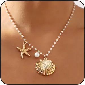 Beach Jewelry for Women Seashell Necklace Gold Starfish Necklace Beach Necklaces for Women Surfer Puka Shell Necklaces for Women Summer Beachy Seashell Jewelry