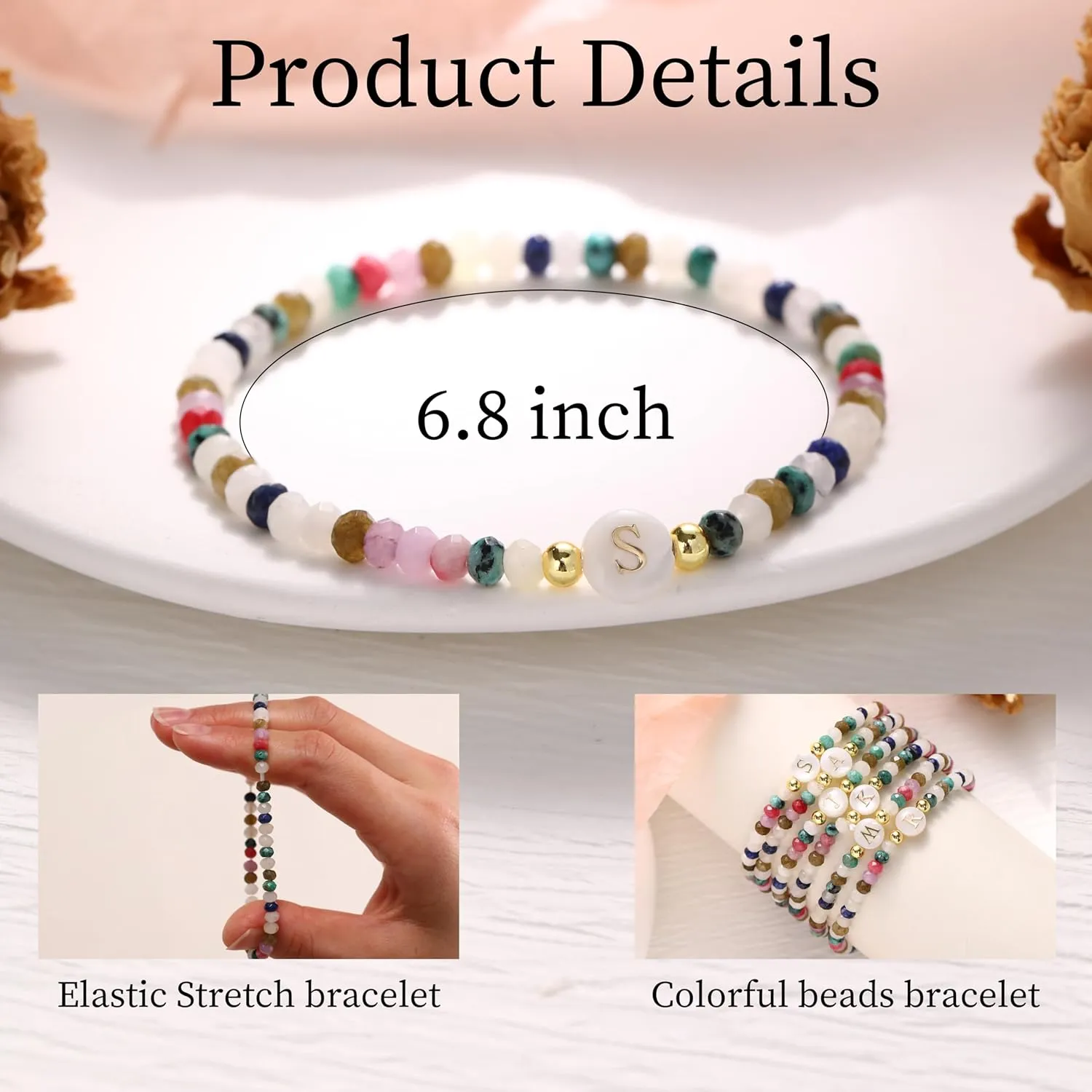 Beaded Initial Bracelet for Girls Beaded Stretch Bracelets Birthday Gift Gold Letter Beaded Bracelet for Women Small Colorful Beaded Bracelets Teen Girl Gifts Trendy Stuff