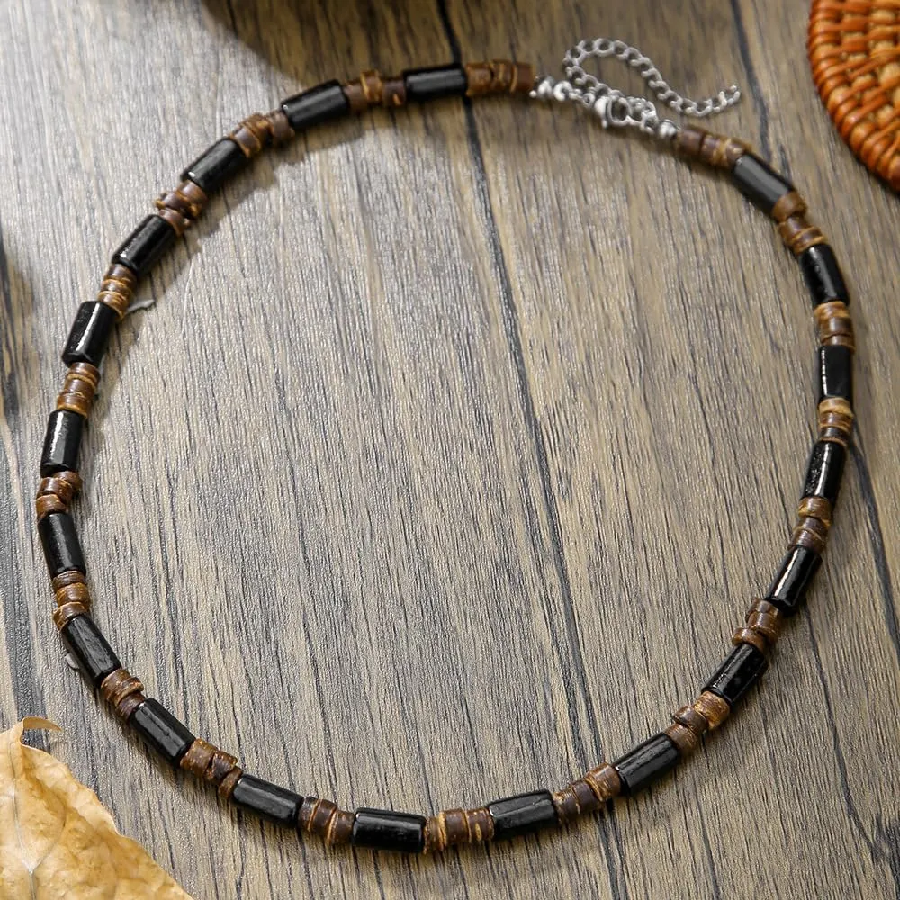 Beaded Necklace for Men,Handmade Men Turquoise Beaded Choker,Natural Wood Bead Necklaces Africa Wooden Chain Statement Unisex Strand Necklaces Hip Hop Beach Jewelry