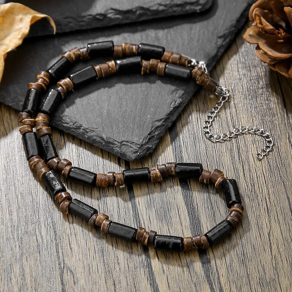 Beaded Necklace for Men,Handmade Men Turquoise Beaded Choker,Natural Wood Bead Necklaces Africa Wooden Chain Statement Unisex Strand Necklaces Hip Hop Beach Jewelry