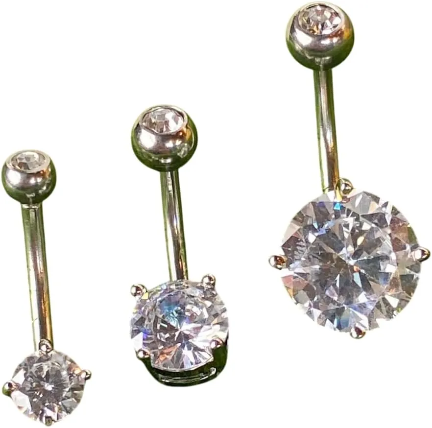 Beautiful Double Gemmed Round CZ Gem Prong Set Solitaire Belly Ring - Pierced Navel - Body Jewelry