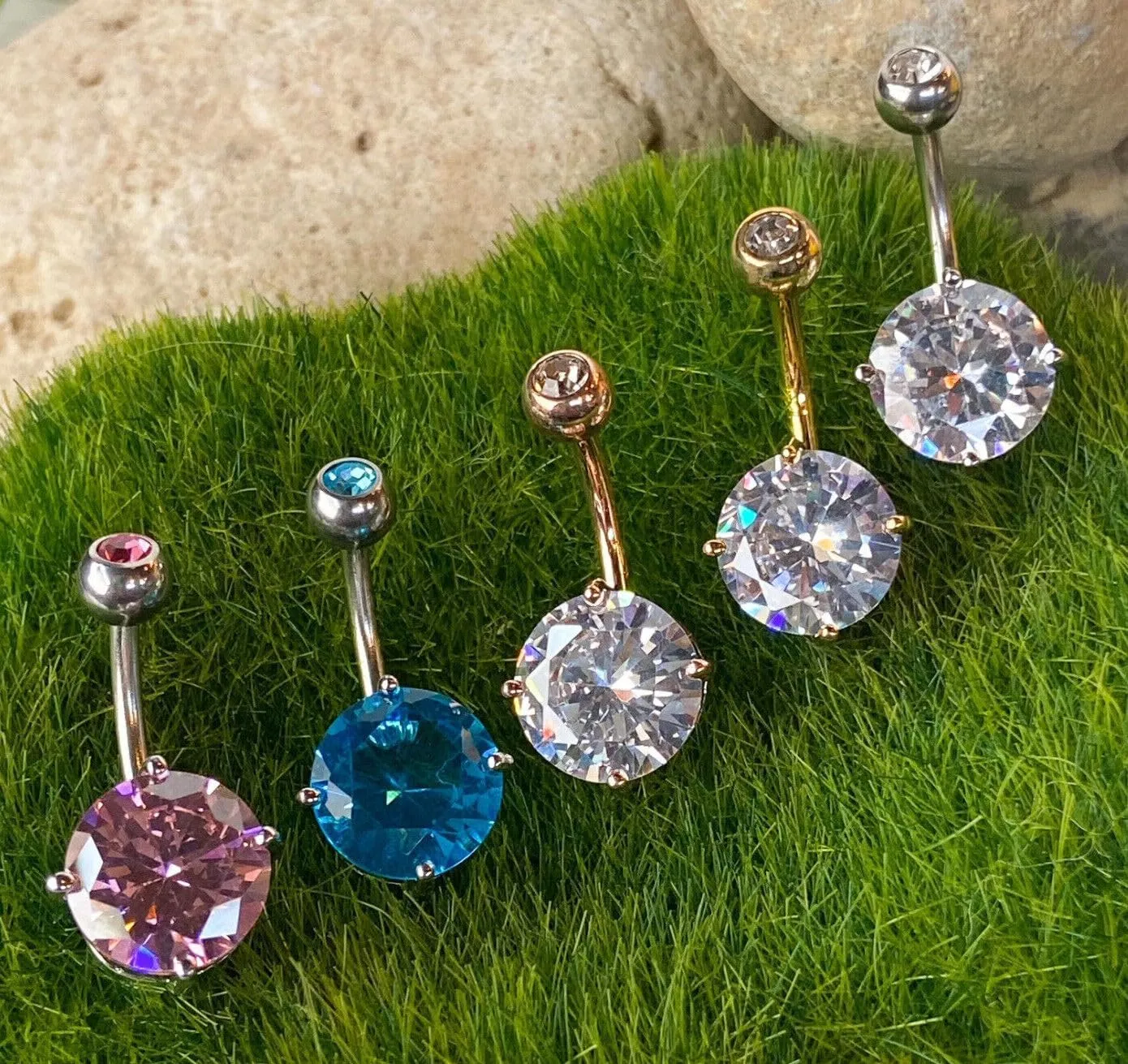 Beautiful Double Gemmed Round CZ Gem Prong Set Solitaire Belly Ring - Pierced Navel - Body Jewelry