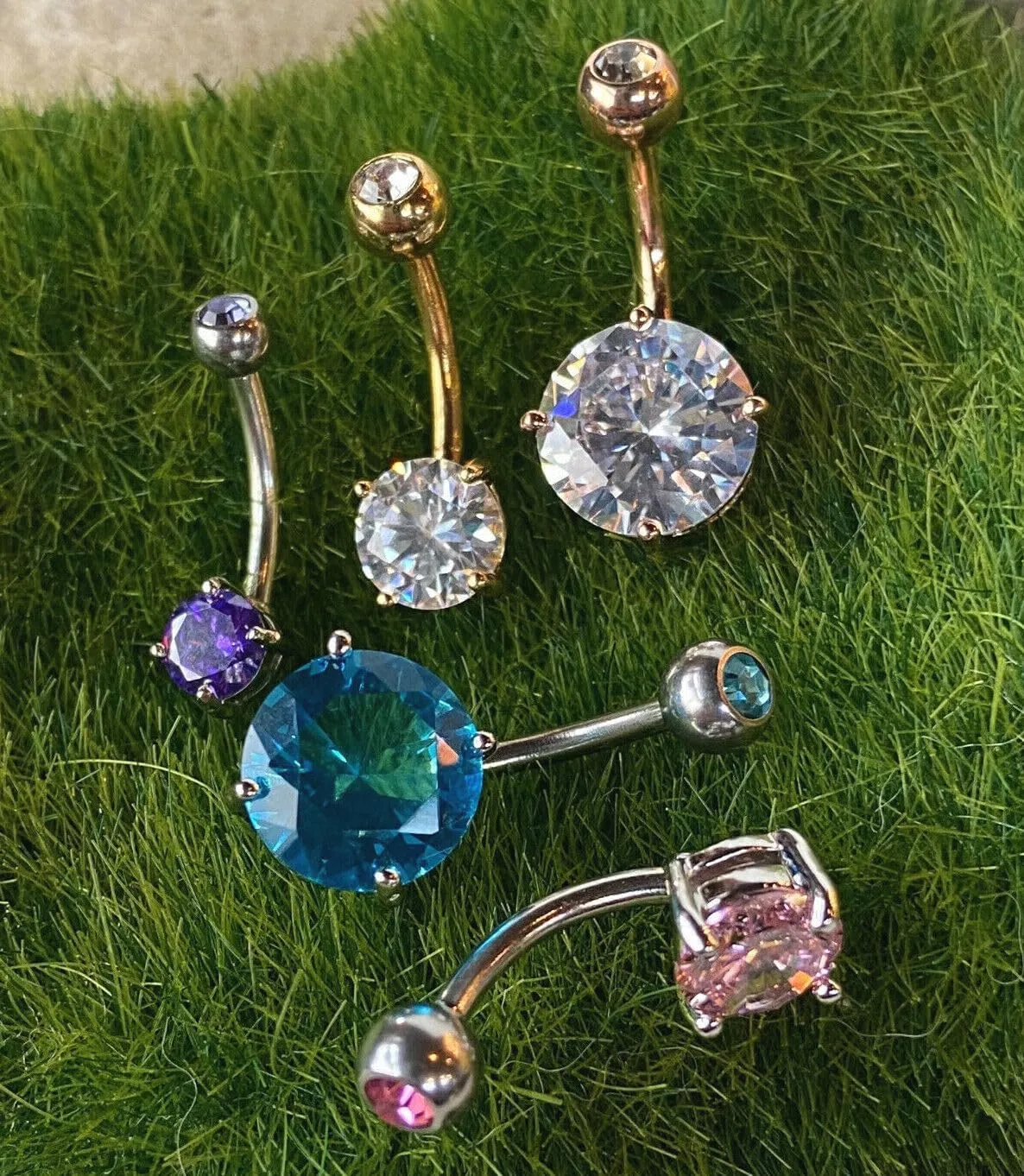 Beautiful Double Gemmed Round CZ Gem Prong Set Solitaire Belly Ring - Pierced Navel - Body Jewelry