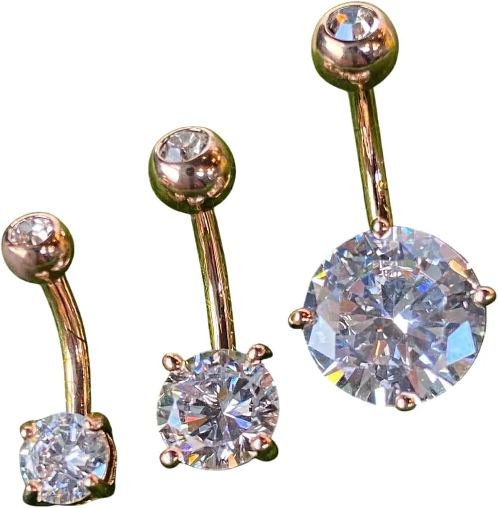 Beautiful Double Gemmed Round CZ Gem Prong Set Solitaire Belly Ring - Pierced Navel - Body Jewelry