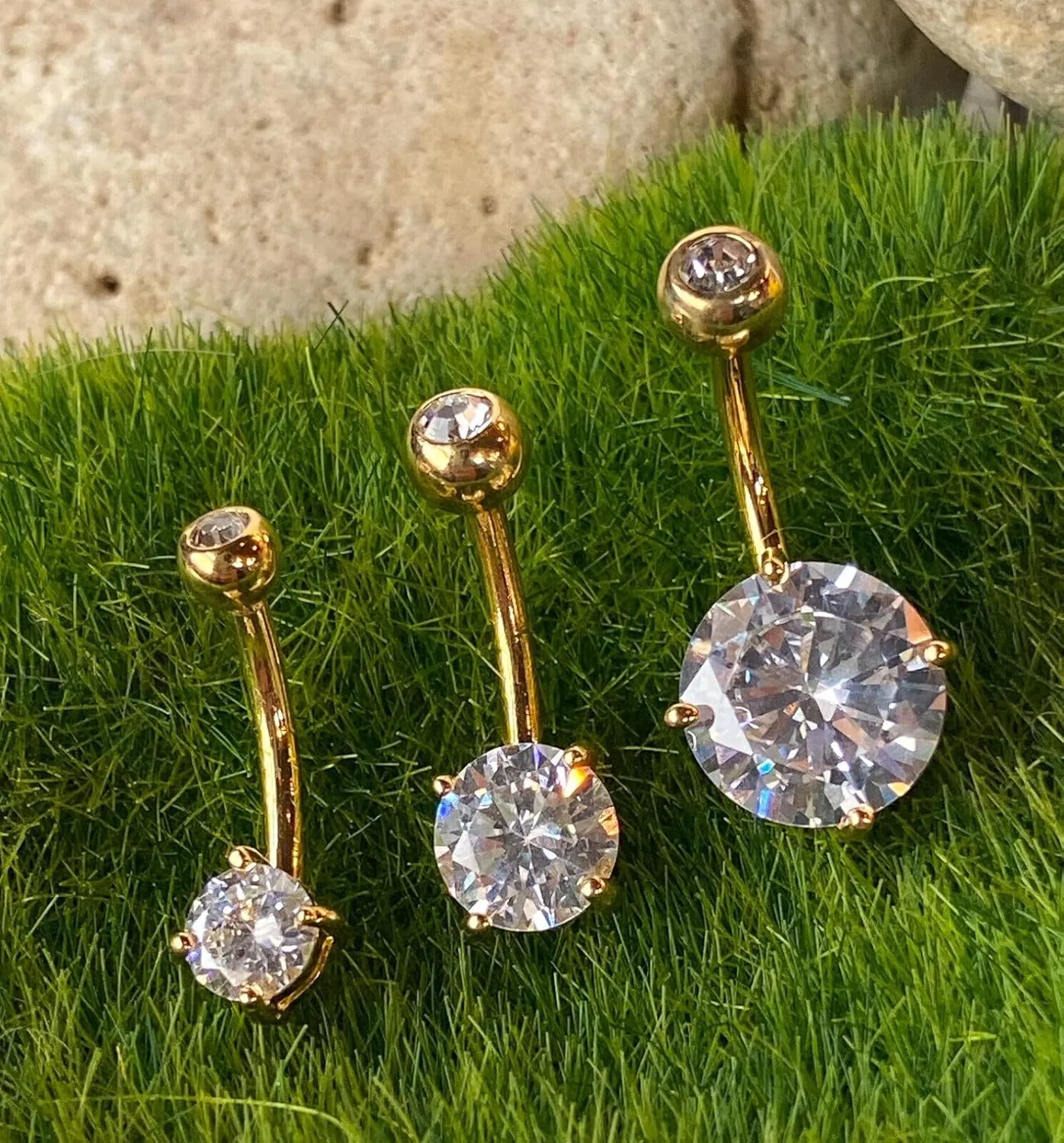 Beautiful Double Gemmed Round CZ Gem Prong Set Solitaire Belly Ring - Pierced Navel - Body Jewelry